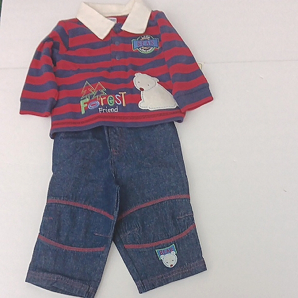 okie dokie Other - Okie Dokie Striped Red & Blue Boy Baby Outfit Size 6-9 Months Bear Patch 2 Piece